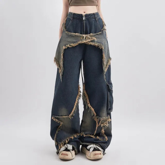 Korean Streetwear Oversized Star Aesthetic Vintage Denim Jeans for Women - Inspired Wide Leg Grunge Pants